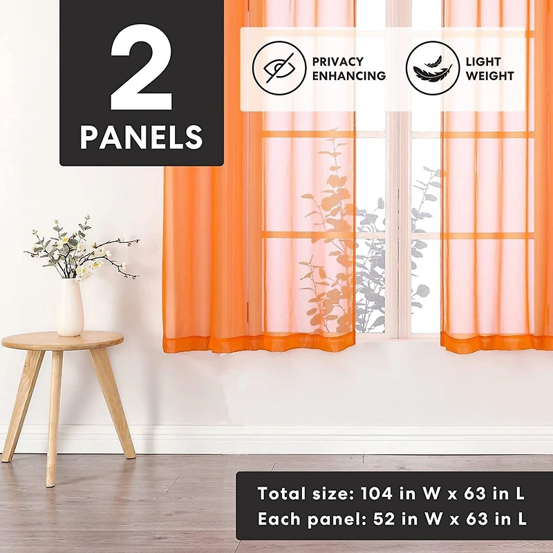 GoodGram Basics Bright Orange 2 Piece Grommet Top Translucent Sheer Voile Window Curtain Panels - 63 in. Long