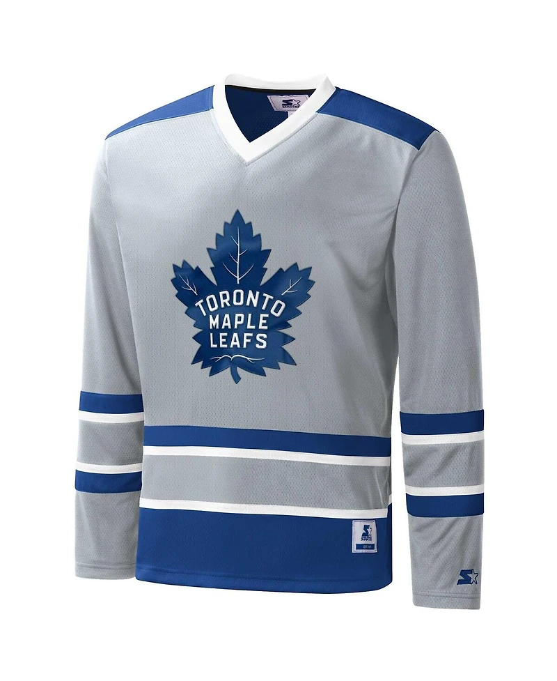 Men's Starter Gray, Blue Toronto Maple Leafs Cross Check Jersey V-Neck Long Sleeve T-shirt