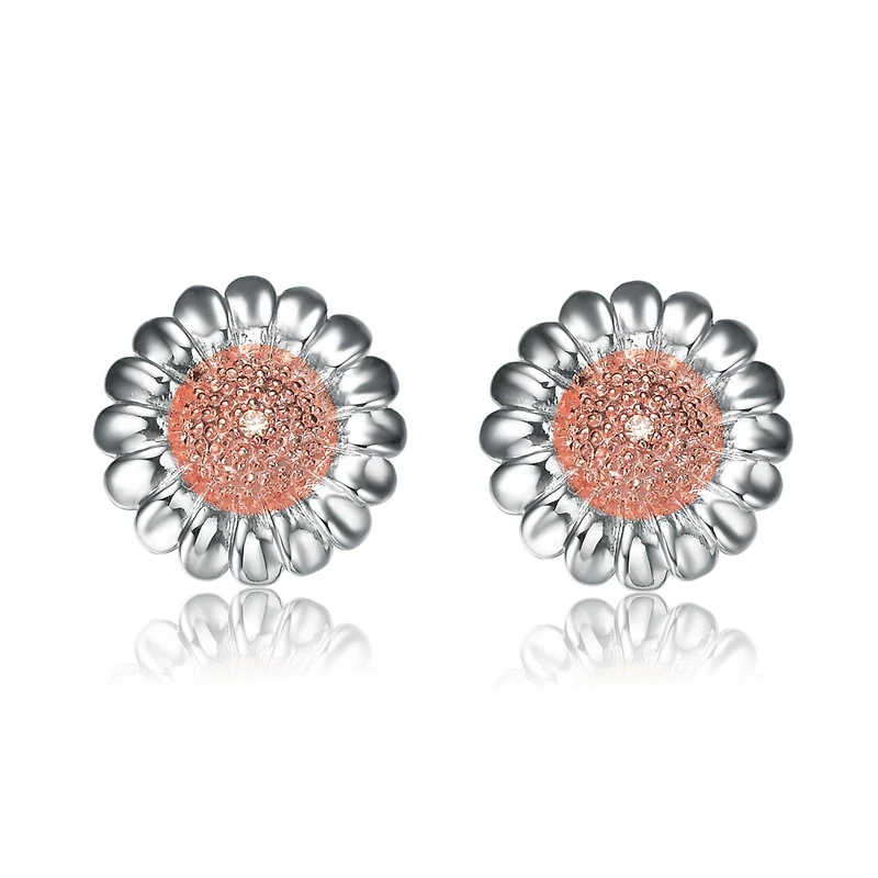 Sterling Silver Cubic Zirconia Two Tone Sunflower Earrings