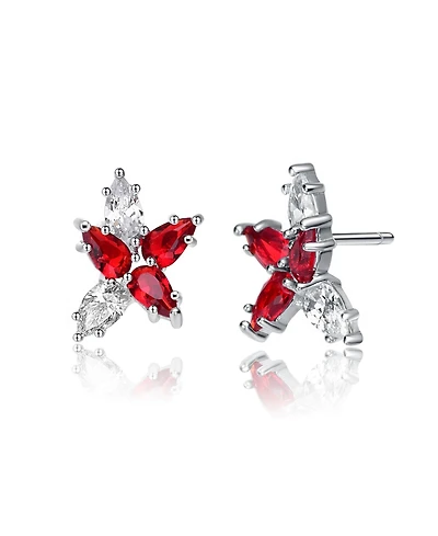 Sterling Silver White Gold Plated Red Cubic Zirconia Stud Earrings