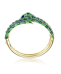 Rachel Glauber 14k Yellow Gold Plated with Green Cubic Zirconia Green & Blue Enamel 3D Serpent Coiled Bypass Wrapped Bangle Bracelet