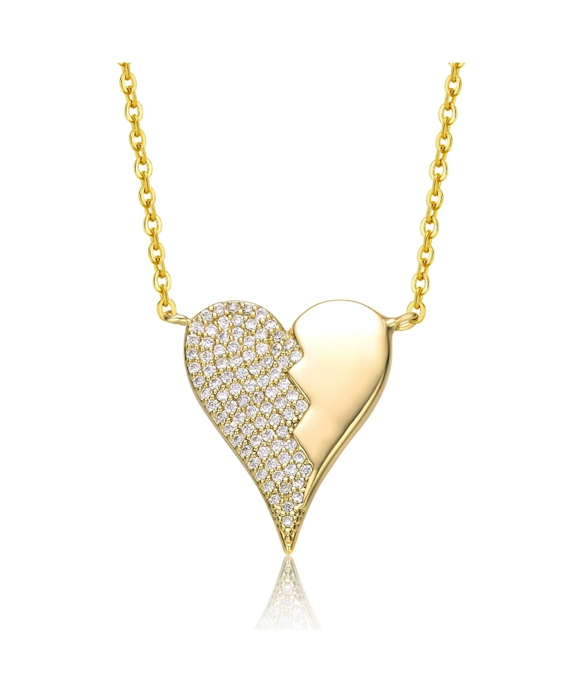 14k Yellow Gold Plated with Cubic Zirconia Broken Cracked Zig-Zag Half & Half Stolen Heart Pendant Necklace