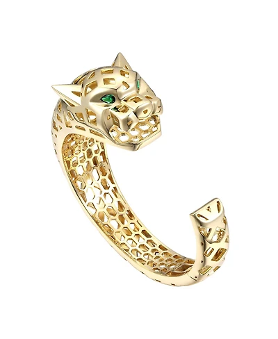 Luxurious 14k Gold Plated Sterling Silver Jaguar Open Cuff Bangle Bracelet with Green Cubic Zirconia