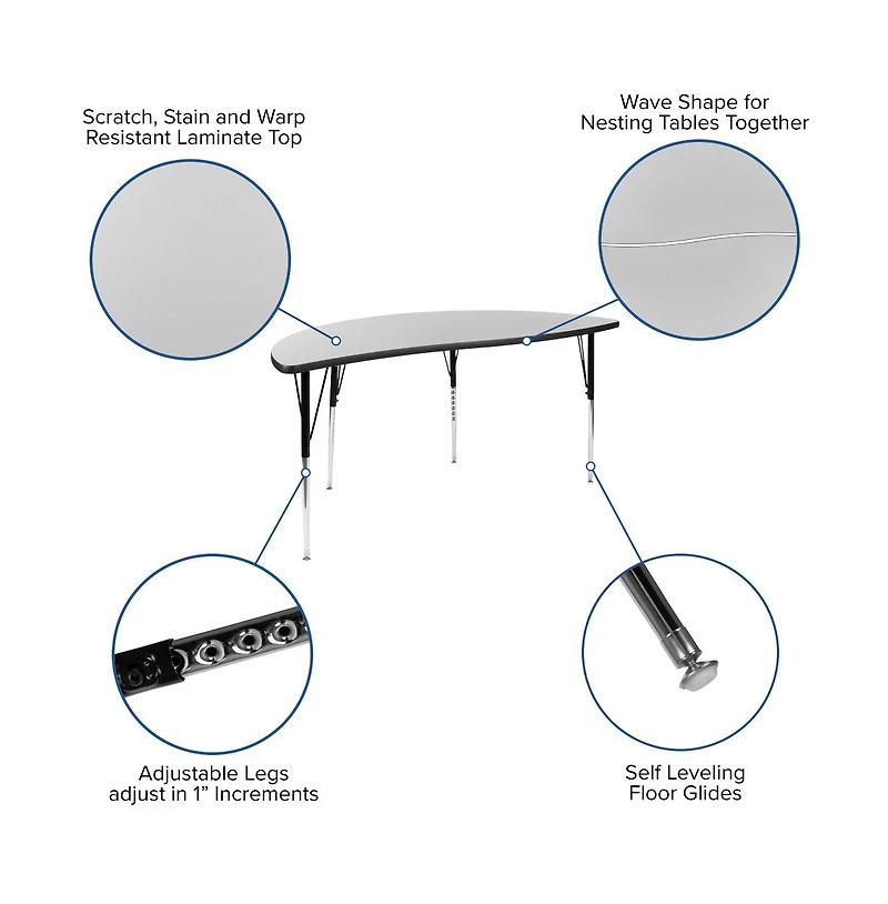 Emma+Oliver 60" Half Circle Wave Flexible Collaborative Adjustable Height Activity Table