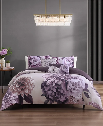 Bebejan Plum Petal Bedding 100% Cotton Sateen 5 Piece King Size Reversible Comforter Set