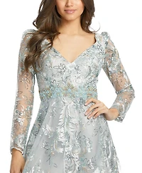 Mac Duggal Women's Embellished Illusion Long Sleeve A Line Dress
