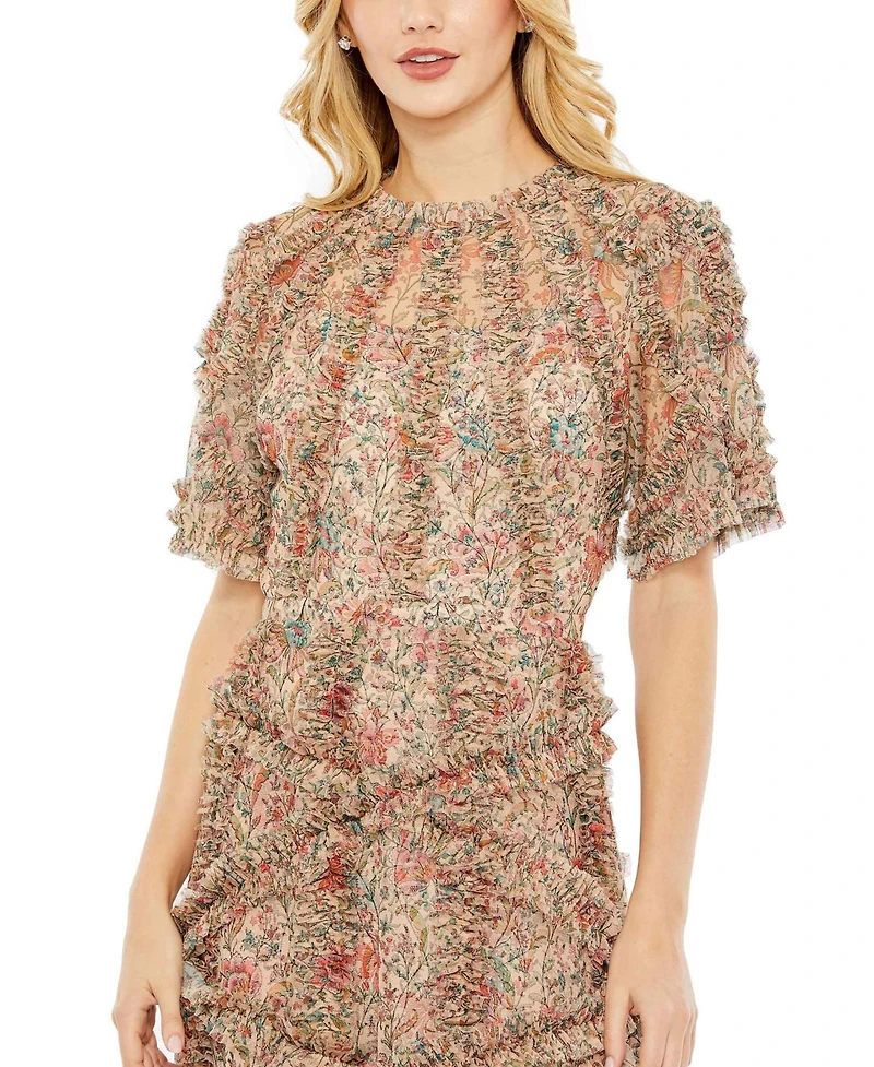 Mac Duggal Women's Floral Flutter Sleeve Mesh Print Dress