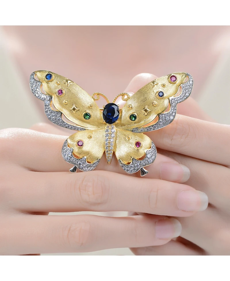 Rhodium and 14K Gold Plated Genuine Stone Floral Pin