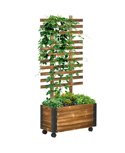 Outsunny Raised Garden Bed, Wooden Planter with Trellis, and Wheels,