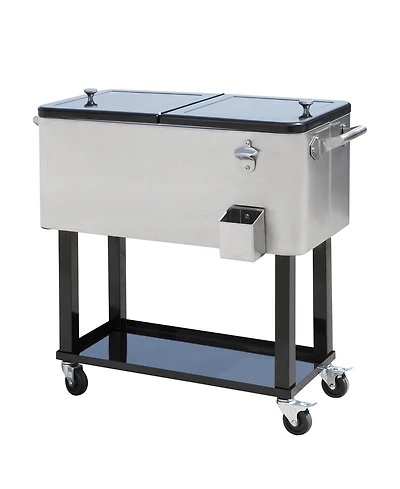 Outdoor 80 Quart Portable Rolling Patio Steel Party Cooler Cart Ice Chest