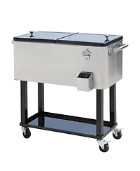 Outdoor 80 Quart Portable Rolling Patio Steel Party Cooler Cart Ice Chest