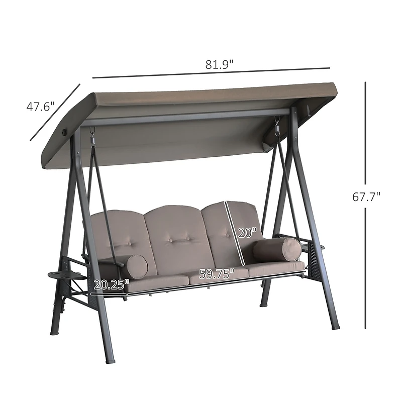 Outsunny Outdoor Patio 3-Person Steel Canopy Cushioned Seat Bench Swing with Included Side Trays & Padded Comfort, Brown