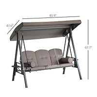 Outsunny Outdoor Patio 3-Person Steel Canopy Cushioned Seat Bench Swing with Included Side Trays & Padded Comfort, Brown