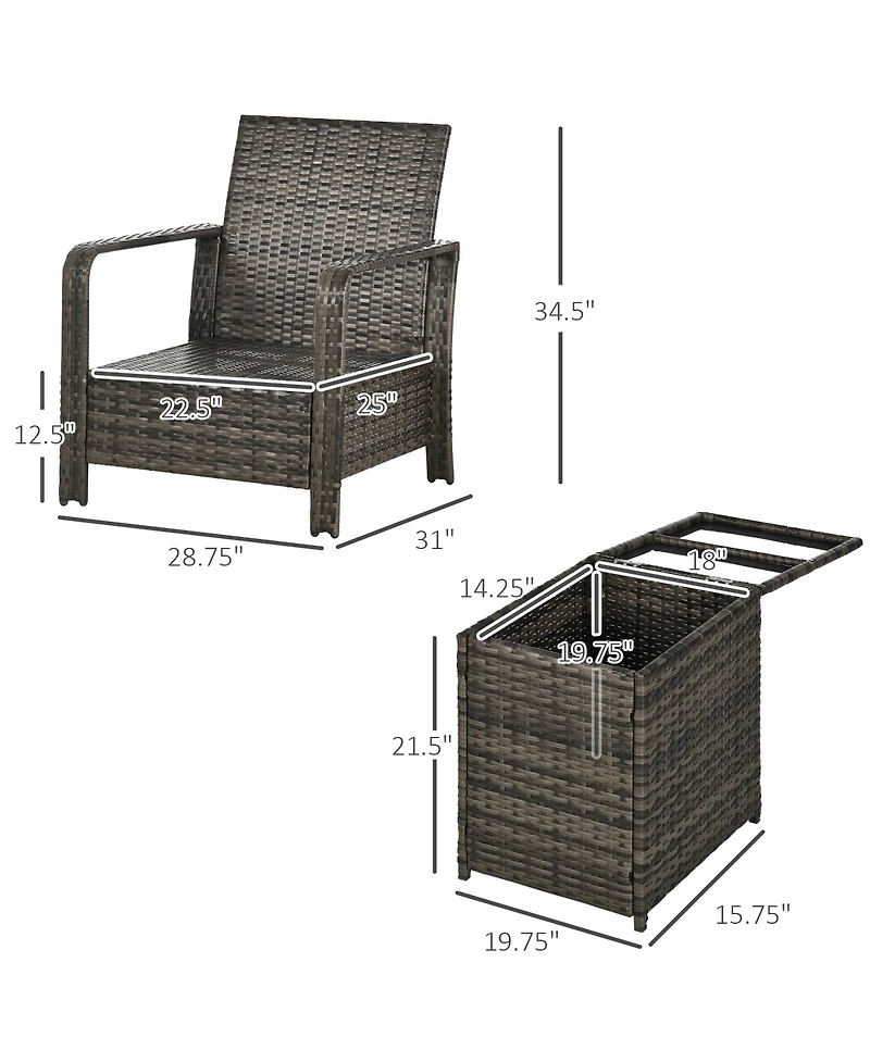Outsunny 3 Piece Patio Furniture, Pe Wicker Storage Table & Chairs