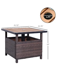 Outsunny 22'' Rattan Wicker Side Table with Steel Frame, Umbrella Insert Hole, Sand Bag for Outdoor, Patio, Garden, Backyard, Brown
