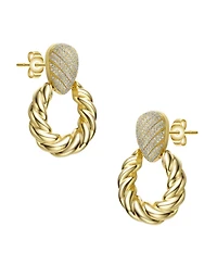 14k Yellow Gold Plated with Cubic Zirconia Pave Twisted Rope Drop Hoop Door Knocker Earrings