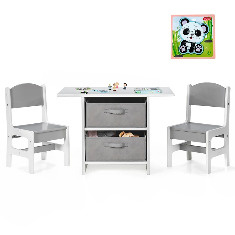 Costway Kids Art Play Wood Table and 2 Chairs Set w/ Storage Baskets Puzzle