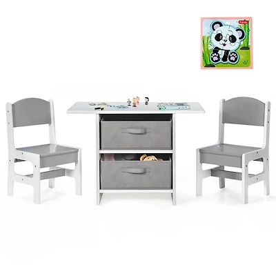 Costway Kids Art Play Wood Table and 2 Chairs Set w/ Storage Baskets Puzzle
