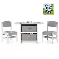 Costway Kids Art Play Wood Table and 2 Chairs Set w/ Storage Baskets Puzzle