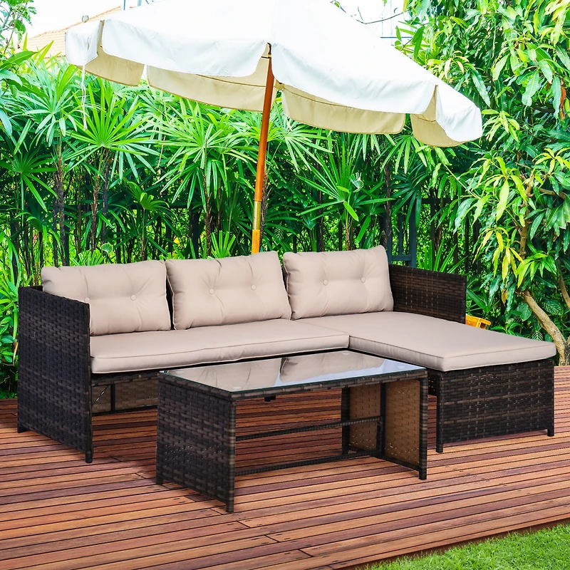 Outsunny 3 Piece Patio Furniture Set, Rattan Outdoor Sofa Set with Chaise Lounge & Loveseat, Soft Cushions, Tempered Glass Table, L-Shaped Sectional C