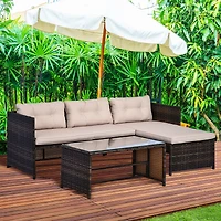 Outsunny 3 Piece Patio Furniture Set, Rattan Outdoor Sofa Set with Chaise Lounge & Loveseat, Soft Cushions, Tempered Glass Table, L-Shaped Sectional C