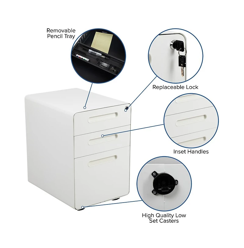 Emma+Oliver Ergonomic 3-Drawer Mobile Locking Filing Cabinet Storage Organizer