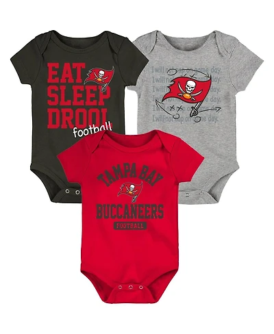 Newborn and Infant Boys and Girls Red, Pewter, Heathered Gray Tampa Bay Buccaneers Three-Piece Eat Sleep Drool Bodysuit Set