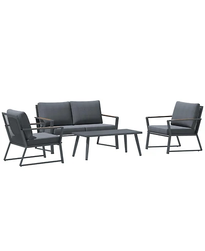 Outsunny 4 Piece Patio Furniture Set, Aluminum Conversation Set, Outdoor Garden Sofa Set with Armchairs, Loveseat, Center Coffee Table and Cushions, D