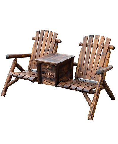 Outsunny Double Adirondack Chair Loveseat w/ Table & Ice Bucket, Varnished Wood