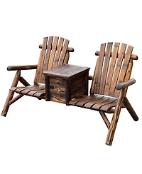 Outsunny Double Adirondack Chair Loveseat w/ Table & Ice Bucket, Varnished Wood