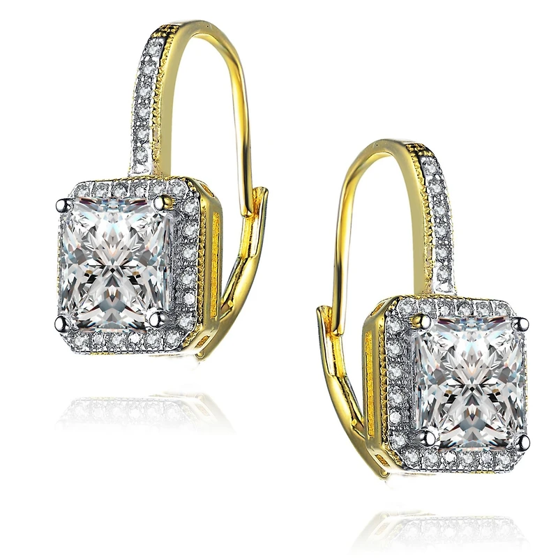 Radiant 14K Gold-Plated Halo Leverback Earrings with Cubic Zirconia