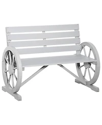 Outsunny Wooden Wagon Wheel Bench, Rustic Outdoor Patio Furniture, 2-Person Seat Bench with Backrest, Light Grey