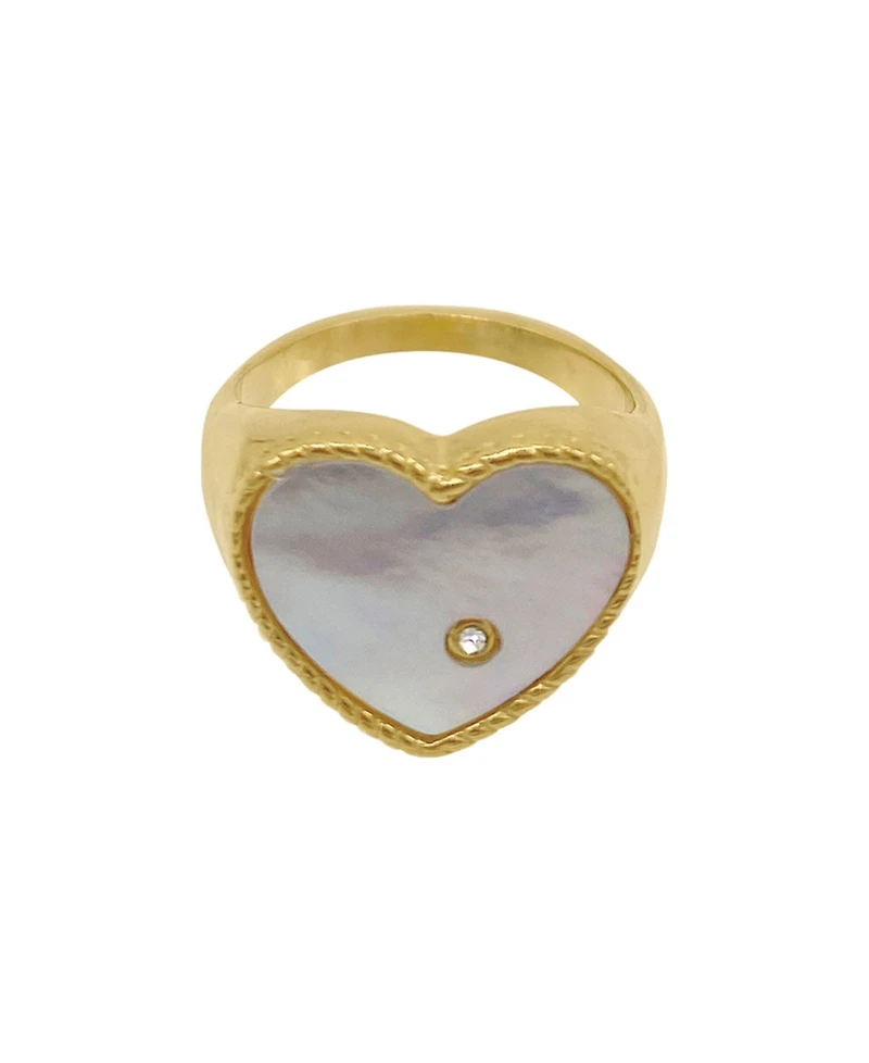 Adornia 14K Gold Plated Heart White Imitation Mother of Pearl Signet Ring
