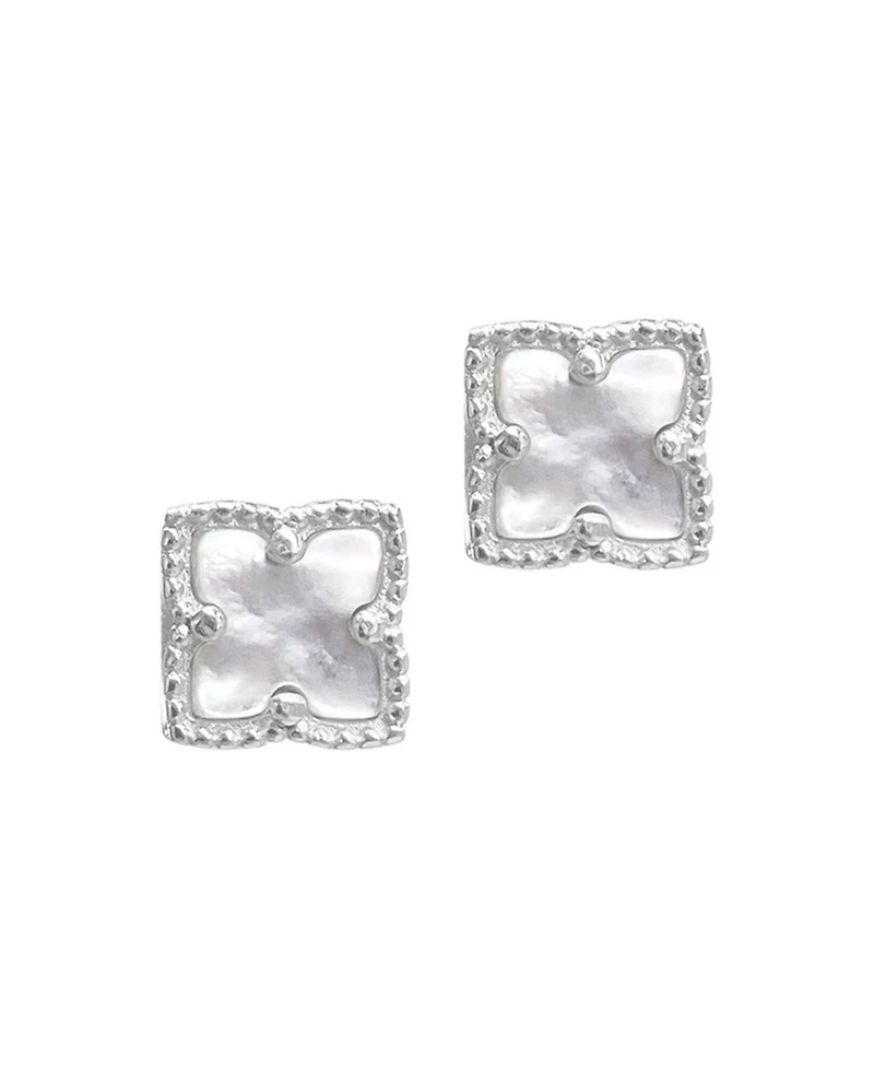 Adornia Silver Plated Flower White Imitation Mother of Pearl Stud Earrings