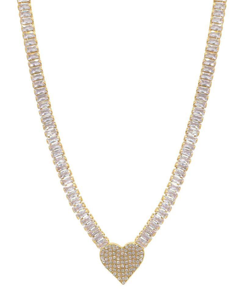 Adornia 17.5" Baguette Tennis Necklace 14K Gold Plated with Pave Heart Pendant