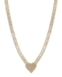 Adornia 17.5" Baguette Tennis Necklace 14K Gold Plated with Pave Heart Pendant
