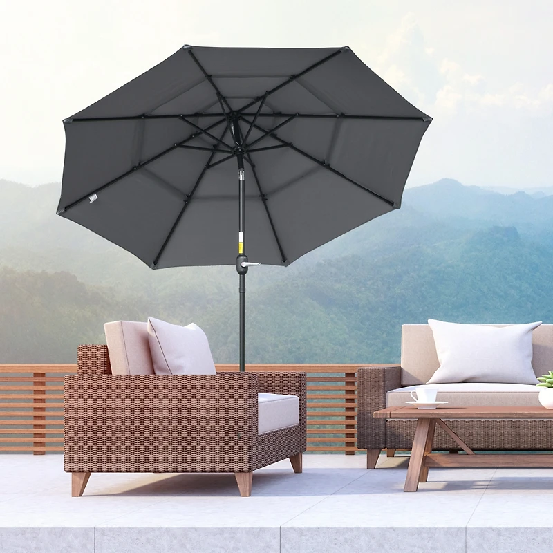 Outsunny 9' 3-Tier Patio Umbrella, Outdoor Market Umbrella with Crank and Push Button Tilt for Deck, Backyard and Lawn, Dark Grey