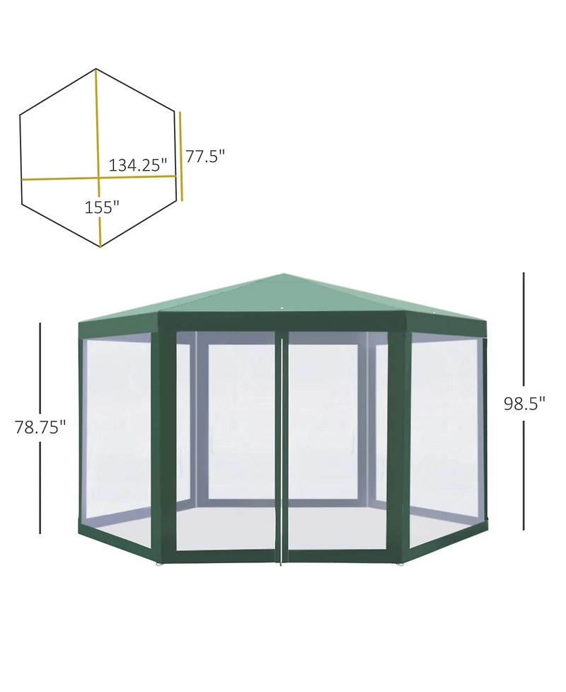 Outsunny Outdoor Party Tent Hexagon Sun Shelter Canopy with Protective Mesh Screen Walls & Proper Sun Protection, Green