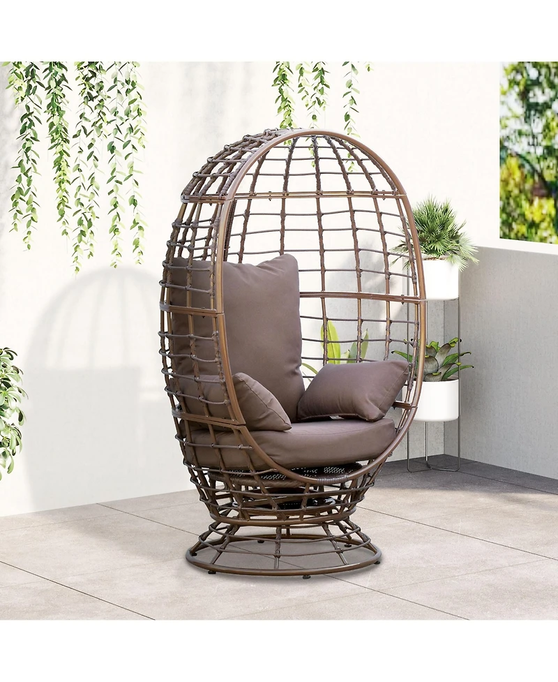 Outsunny Wicker Egg Chair, 360 Rotating Indoor Outdoor Boho Basket Seat with Cushion and Pillows for Backyard, Porch, Patio, Garden, Handwoven All-Wea