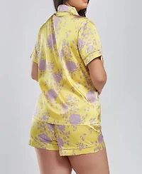 iCollection Plus Satin Print 2 Piece Notched Short Sleeve and Shorts Pajama Set