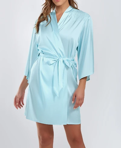 iCollection Women's Olivia Satin Robe with Eyelash Lace Trim