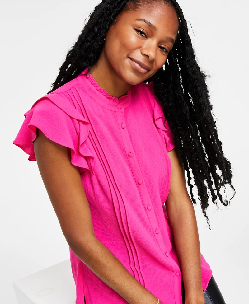 CeCe Women's Short Sleeve Pin-tuck Ruffled Button-up Blouse