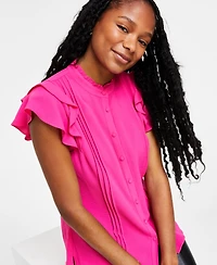 CeCe Women's Short Sleeve Pin-tuck Ruffled Button-up Blouse
