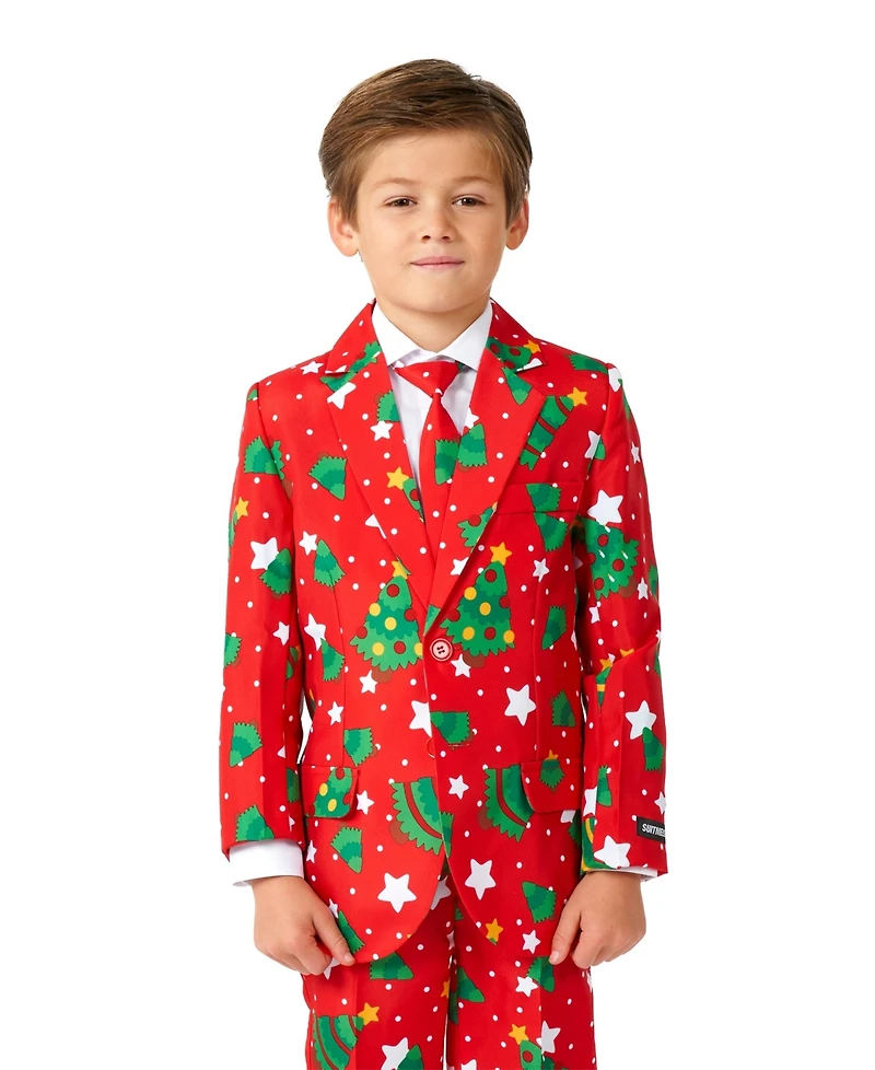 Suitmeister Big Boys Christmas Trees Stars Button Closure Suit Set Including Blazer, Pants and Clip-On-Tie