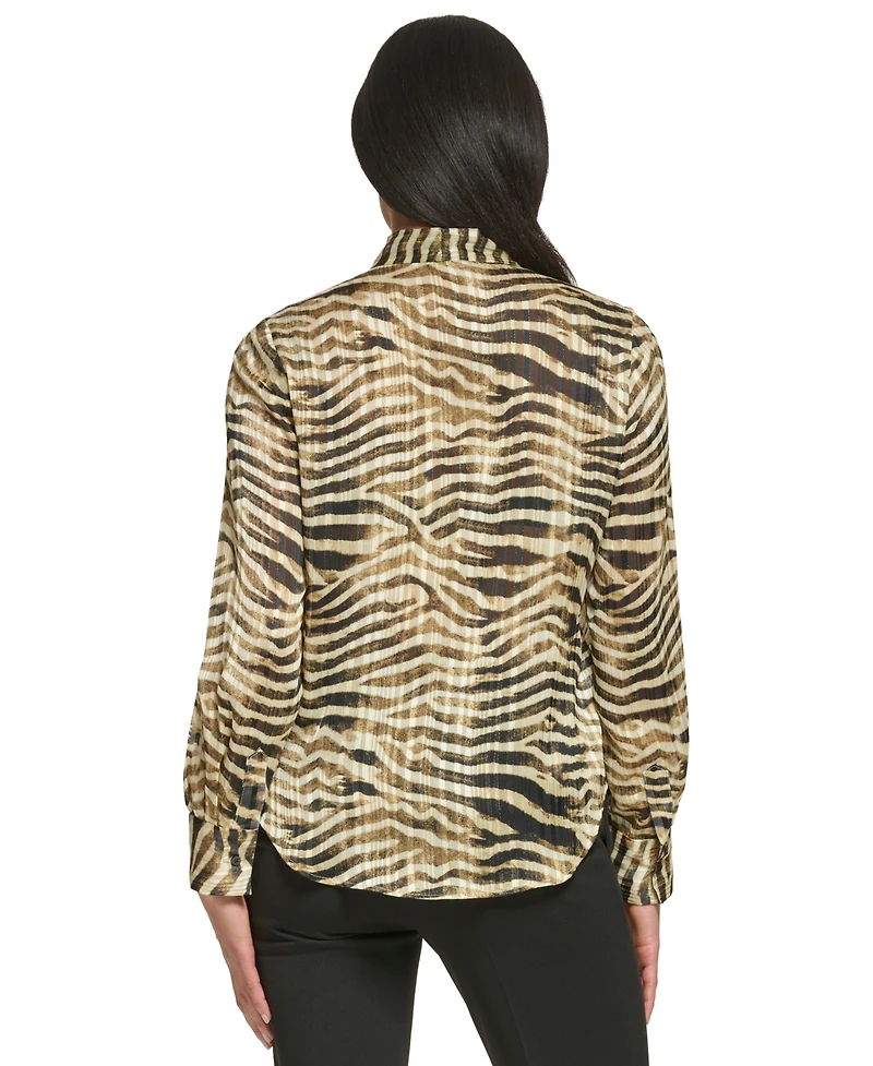 Dkny Petite Long-Sleeve Button Front Tie-Neck Top