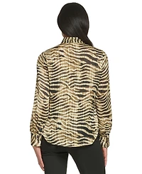 Dkny Petite Long-Sleeve Button Front Tie-Neck Top