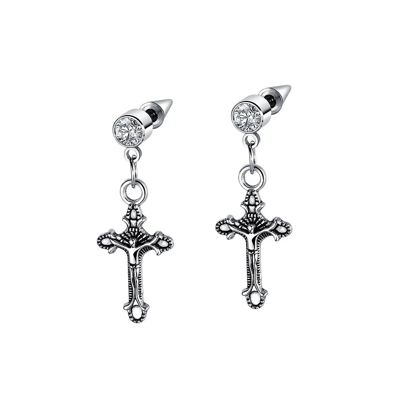 Stainless Steel Oxidized Cross Charm & Cz Huggie Hoop Earrings