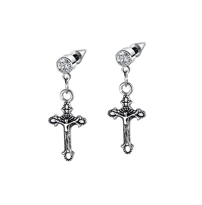 Stainless Steel Oxidized Cross Charm & Cz Huggie Hoop Earrings