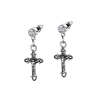 Stainless Steel Oxidized Cross Charm & Cz Huggie Hoop Earrings