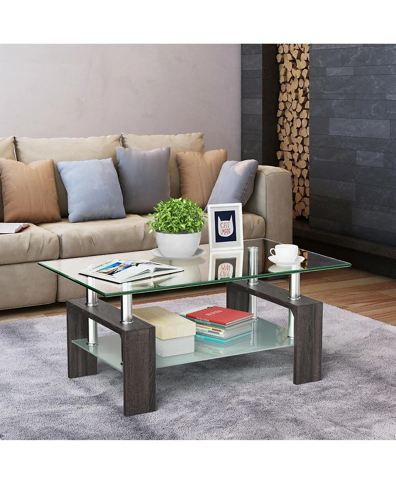 Rectangular Tempered Glass Coffee Table w/Shelf Wood